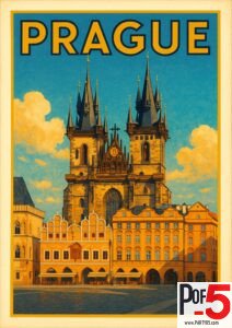 Vintage Prague travel poster featuring the Church of Our Lady before Týn above Old Town Square, shown in bright Art Deco colors and bold framing.