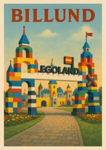 Vintage Billund travel poster featuring the colorful LEGOLAND castle entrance made of toy bricks, with towers, arches, and a pathway.
