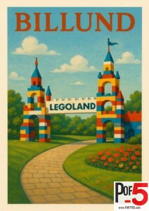 Vintage Billund LEGOLAND travel poster showing colorful LEGO-brick entrance towers, blue sky, pathway, and flower gardens in retro art style.