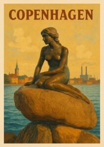 Vintage Copenhagen travel poster featuring the Little Mermaid statue on a coastal rock with the harbor, skyline, and warm sunset tones.