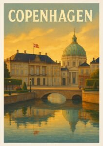 Vintage Copenhagen travel poster featuring Amalienborg Palace, Frederik’s Church dome, canal reflections, and Danish flags at sunset.