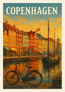 Vintage Copenhagen travel poster of the Nyhavn waterfront with colorful buildings, boats, Danish flags, and a bicycle at sunset.
