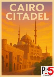 Vintage Cairo Citadel poster showing the Muhammad Ali Mosque at sunrise with warm golden light, domes, minarets, and historic stone walls.