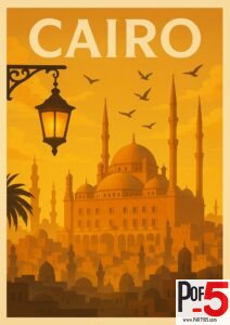 Vintage Cairo travel poster featuring the Citadel and Mosque of Muhammad Ali at sunset with domes, minarets, birds, and a glowing lantern.