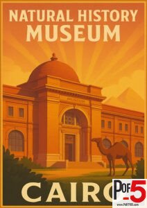 Vintage travel poster of the Cairo Natural History Museum with warm desert sunset colors, domed architecture, and a camel in the foreground.