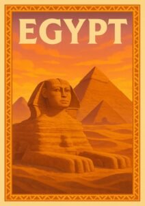 Vintage travel poster of the Great Sphinx and Pyramids of Giza at sunset, with warm desert tones and classic retro artwork framing.