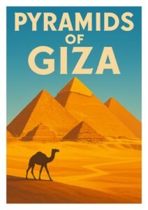 Vintage travel poster of the Pyramids of Giza with a camel silhouette in the desert at sunset, featuring the iconic Great Pyramid and ancient structures.
