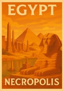 Vintage Egypt travel poster showing the Necropolis with pyramids, obelisks, the Great Sphinx, ancient temple ruins, and a riverboat at sunset.