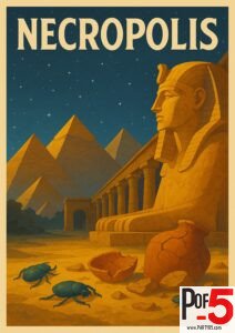 Vintage poster of Egypt’s Necropolis at night featuring pyramids, the Great Sphinx, ancient ruins, pottery shards, and scarab beetles under a starry sky.