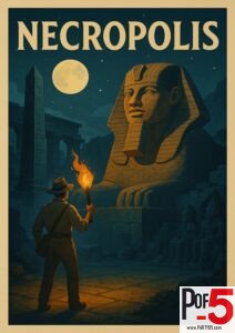 Vintage Egypt travel poster of the Necropolis at night featuring pyramids, a large sphinx statue, ancient ruins, pottery fragments, and scarab beetles.