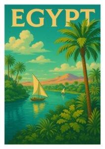 Vintage Egypt travel poster of sailboats on the Nile River with tropical palm trees, lush greenery, mountains, and bright turquoise skies.