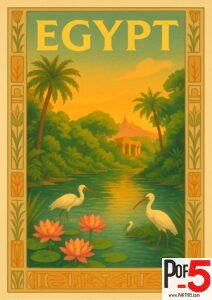 Vintage travel poster of the Nile River in Egypt with lotus flowers, white ibises, palm trees, and ancient ruins at sunset framed in decorative motifs.