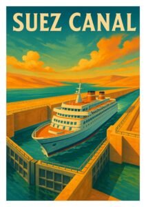 Vintage travel poster of a cruise ship passing through the Suez Canal, with golden desert landscapes and turquoise water under a dramatic sky.