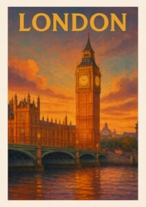 Vintage London travel poster of Big Ben and the Houses of Parliament at sunset with glowing orange skies reflecting over the Thames River.