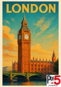 Vintage London travel poster featuring Big Ben in bright sunshine, Houses of Parliament, Westminster Bridge, and a blue sky with warm clouds.