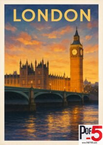 Vintage London poster showing Big Ben and the Houses of Parliament at sunset, Westminster Bridge, glowing sky, and golden reflections on the River Thames.