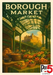 Vintage Borough Market poster showing produce baskets, bread, stew pot, iron-and-glass market roof, and a historic building in warm afternoon light.