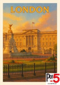 Vintage London travel poster featuring Buckingham Palace at sunset, Victoria Memorial, Union Jack flag, royal gardens, and warm golden light.