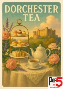 Vintage Dorchester Tea poster featuring tiered pastries, sandwiches, teapot, cup of tea, lace tablecloth, flowers, and a castle in the background.