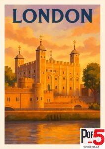 Vintage London travel poster of the Tower of London at sunset, with golden skies and warm reflections on the River Thames.