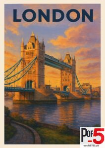 Vintage London travel poster featuring Tower Bridge at sunset, with warm golden skies and the River Thames reflecting the iconic landmark.