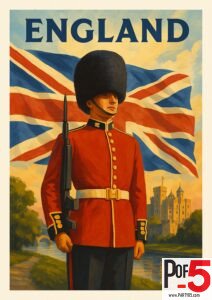 Vintage England travel poster featuring a British Royal Guard in red uniform, bearskin hat, Union Jack flag, and a historic castle in the background.