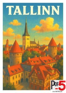 Vintage Tallinn travel poster featuring medieval towers, red rooftops, church spires, and Old Town architecture under a bright blue sky with clouds.