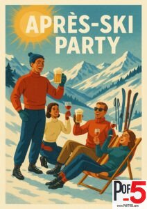 Vintage après-ski poster showing skiers relaxing with drinks in the snow, sunny alpine mountains, ski gear, deck chair, and cheerful winter atmosphere.