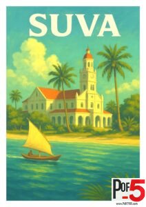 Vintage Suva Fiji travel poster featuring a colonial-style waterfront building, palm trees, turquoise water, tropical sky, and a small sailboat.
