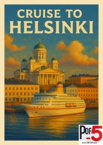 Vintage “Cruise to Helsinki” poster showing a cruise ship in the harbor at sunset with Helsinki Cathedral and pastel historic buildings in the background.