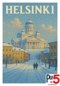 Vintage Helsinki winter poster featuring Helsinki Cathedral in snowfall, glowing windows, snowy streets, and a couple walking in a peaceful Nordic evening.