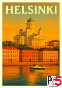 Vintage Helsinki travel poster with Helsinki Cathedral at sunset, colorful waterfront buildings, golden reflections on the water, and a small boat.