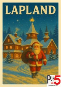 Vintage Lapland Christmas poster featuring Santa Claus walking with a gift sack, snowy village cabins, glowing lights, and a starry winter night.