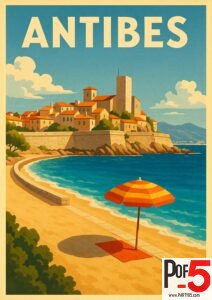 Vintage Antibes travel poster featuring a sunny beach, striped umbrella, turquoise sea, old town walls, and terracotta rooftops on the French Riviera.