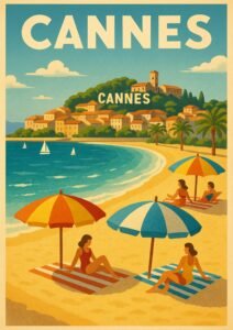 Vintage Cannes travel poster featuring colorful umbrellas, women on the beach, turquoise water, sailboats, palm trees, and hillside village with “Cannes” sign.