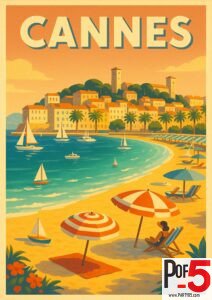 Vintage Cannes travel poster featuring colorful beach umbrellas, golden sand, turquoise water, sailboats, and the old town above palm-lined shores.