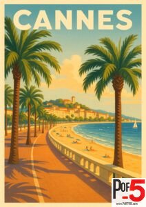 Vintage Cannes travel poster showing palm-lined promenade, sandy beach, turquoise sea, sunbathers, and the old town along the French Riviera.