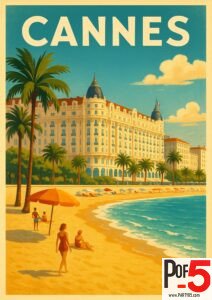 Vintage Cannes travel poster with Carlton Hotel, beach umbrellas, palm trees, turquoise water, and golden French Riviera coastline.