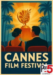 Vintage Cannes Film Festival poster featuring elegant couple, spotlighted Palme d’Or trophy, palm trees, and retro cinema atmosphere.