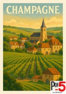 Vintage Champagne France poster featuring vineyards, stone village buildings, church steeple, and golden evening countryside light.