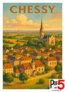 Vintage Chessy France travel poster showing church steeple, countryside fields, rooftops, and warm golden evening light.