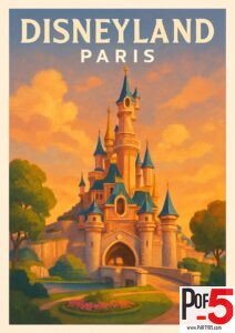 Vintage Disneyland Paris travel poster featuring Sleeping Beauty Castle at sunset with warm golden sky and blue spires.