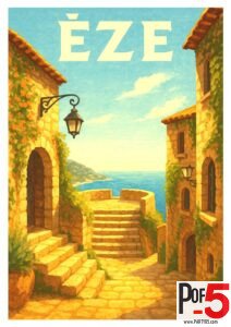 Vintage travel poster of Èze, France showing stone archways, flower pots, cobblestone streets, and sunlit medieval village homes.