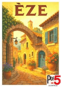 Vintage Èze travel poster showing stone steps, medieval stone houses, ivy, and a bright Mediterranean sea view under a blue sky.