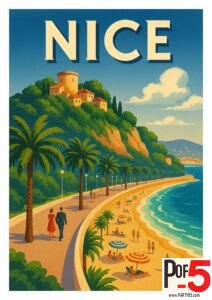 Vintage-style travel poster of Nice showing the Promenade des Anglais with palm trees, a cliffside village, people walking, and beachgoers along the Mediterranean coastline.