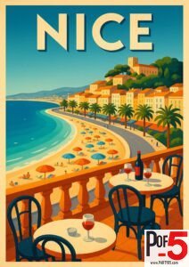 Vintage travel poster of Nice showing a balcony café with wine glasses overlooking a curved Mediterranean beach, colorful umbrellas, palm trees, and hillside homes along the French Riviera.