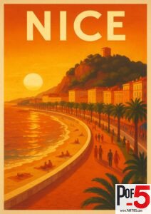 Vintage travel poster of Nice showing the Promenade des Anglais at sunset with palm trees, beachgoers, glowing orange sky, and hillside buildings along the French Riviera.
