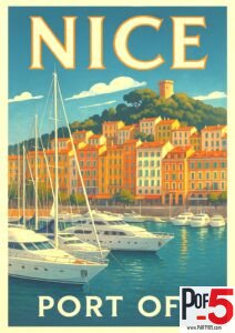 Vintage travel poster of the Port of Nice featuring colorful waterfront buildings, yachts, sailboats, and a sunny French Riviera coastline.