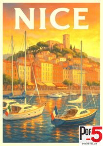 Vintage travel poster of Nice featuring sailboats in a sunset-lit marina with colorful hillside buildings and a historic tower above the French Riviera coast.
