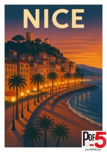 Vintage Nice travel poster showing Promenade des Anglais at sunset with glowing streetlights, palm trees, and Mediterranean coastline.